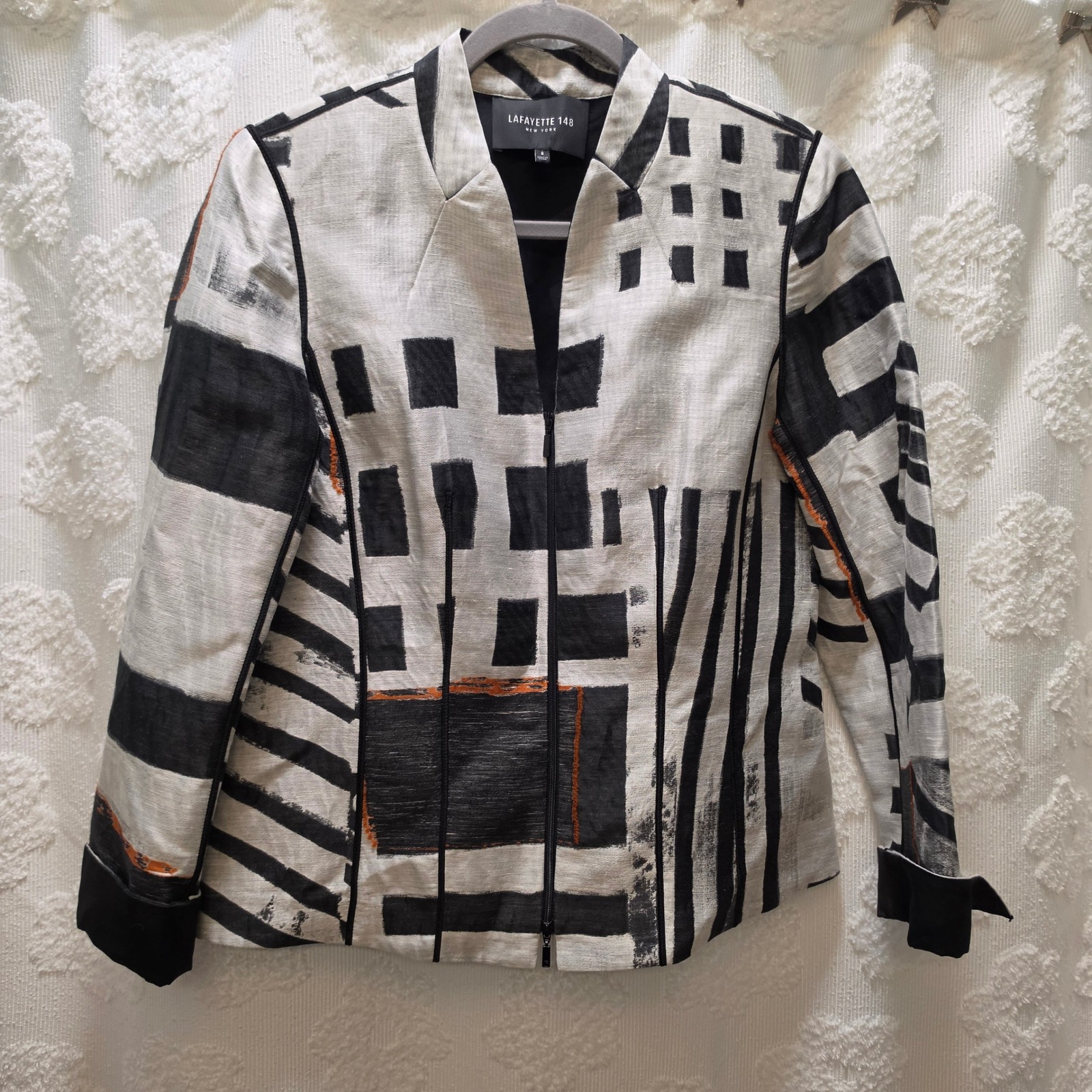 Lafayette 148 New York Linen Silk Abstract Geometric Zip Front Jacket Womens 8